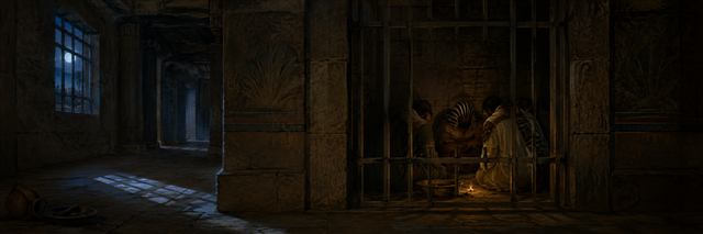 Armed captors huddle fearfully behind barred doors as oppressive darkness and imagined threats surround them